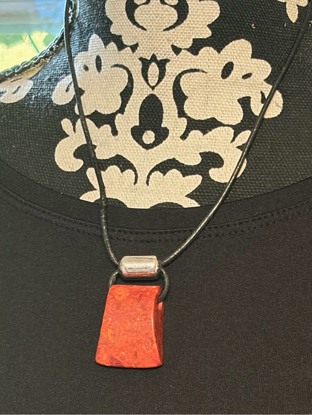Silpada Cardinal Rule 925 Silver, Coral Stone & Black Leather Pendant Necklace